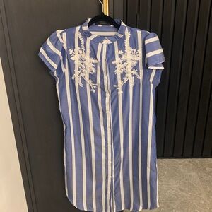 90. Striped Blue And White Dress With Embroidery